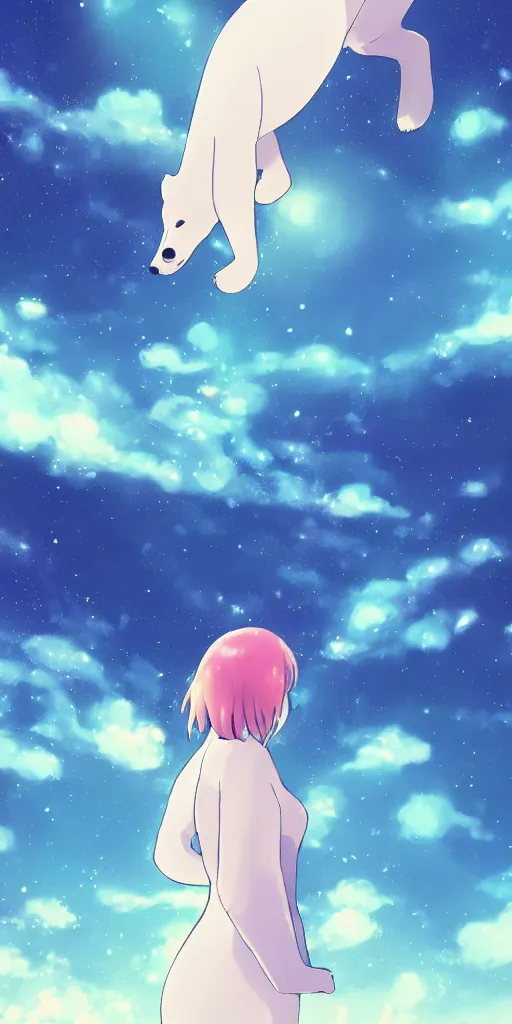 Image similar to a beautiful illustration of a polar bear in space, beautiful woman, wide angle, by makoto shinkai, wu daozi, very detailed, deviantart, 4 k vertical wallpaper, tropical, colorful, airy, anime illustration, anime nature wallpap