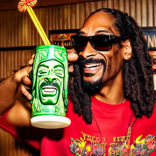 Image similar to a closeup photorealistic photograph of happy snoop dogg at trader vic's bar holding a trader vic's tiki mug that features the face of snoop dogg. brightly lit scene. this 4 k hd image is trending on artstation, featured on behance, well - rendered, extra crisp, features intricate detail, epic composition and the style of unreal engine.