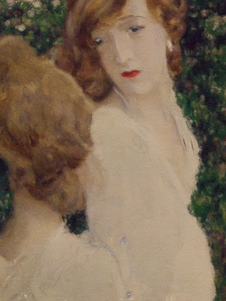 Image similar to portrait of < zelda fitzgerald > as a beautiful young lady wearing 1 9 2 0 s fashion, blurry face, brown hair, slim, fair, severe out of focus, depth of field, pleinairism, in the sun, backlit, closeup, oil on canvas, atr by monet, in the style of le promenade, smooth, impressionnisme, 8 k