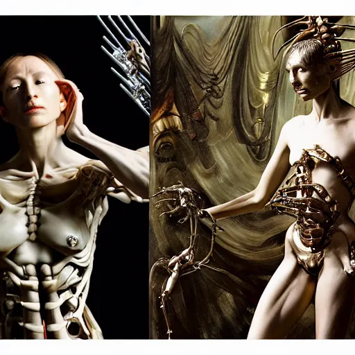 Image similar to still frame from Prometheus movie by Makoto Aida, biomechanical orchids mantis angel gynoid by giger, metal couture by neri oxmn and Guo pei, editorial by Malczewski and by Caravaggio