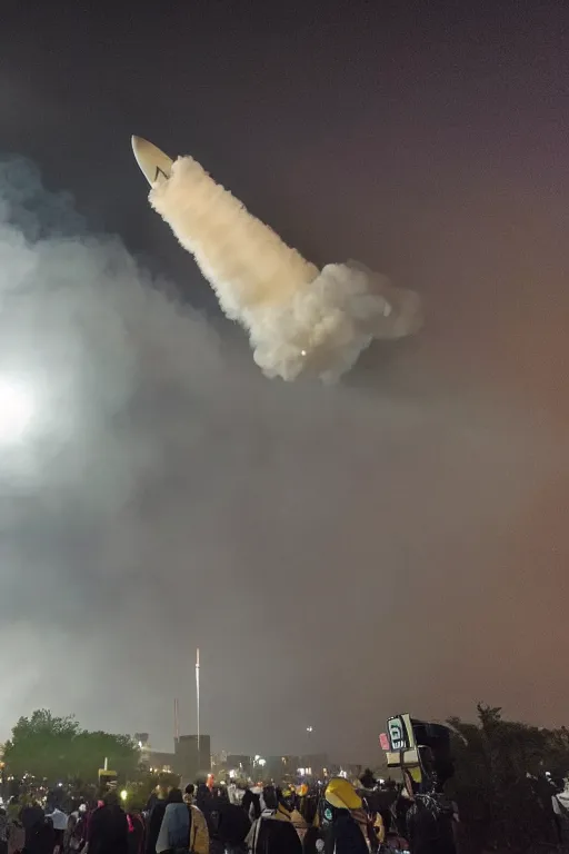 Image similar to photograph of a 2 0 2 0 s era rocket launching and leaving huge plumes of smoke, large crowds of people watching in astonishment, cinematic, night, rain