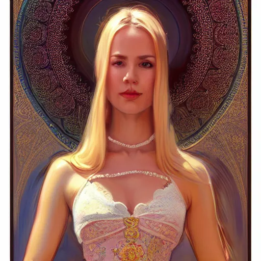 Image similar to wide angle full body portrait of I Dream of Jeannie, with a perfect face and perfect body, thin waist, lace, exposed navel, intricate, highly detailed, digital painting, artstation, concept art, smooth, sharp focus, illustration, Unreal Engine 5, 8K, art by artgerm and greg rutkowski and alphonse mucha