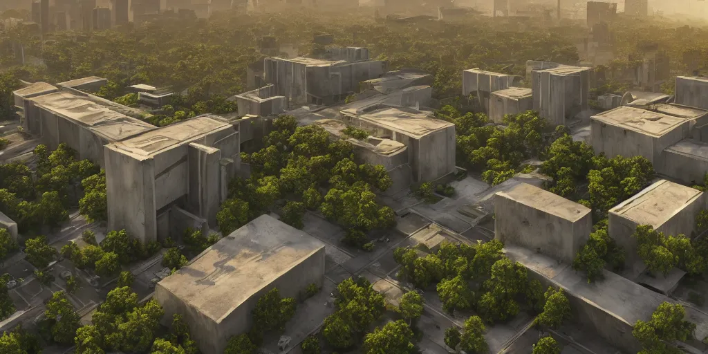 Image similar to brutalist architecture, abandoned streetscapes surrounded by lush green forest, aerial view, stunning volumetric lighting, sunset, rusted steel, smooth solid concrete, stunning skies, trending on Artstation, 8k, photorealistic, hyper detailed, unreal engine 5, IMAX quality, cinematic, epic lighting, in the style of the game DOOM, by Greg Rutkowski