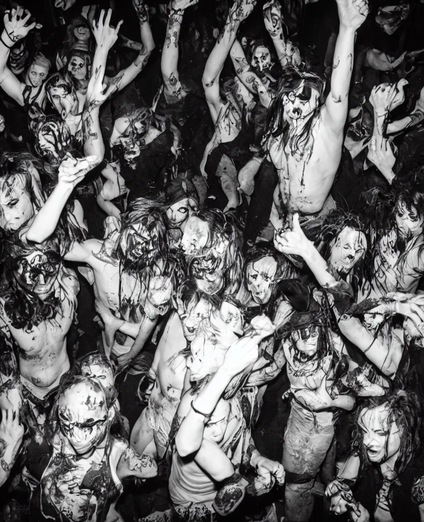 Prompt: photos of a wild underground party taken by merlin bronques, angry demonic death ghosts