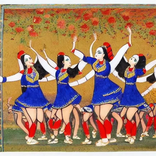 Prompt: a persian miniature painting, cheerleaders dancing, high detail, high quality, hd