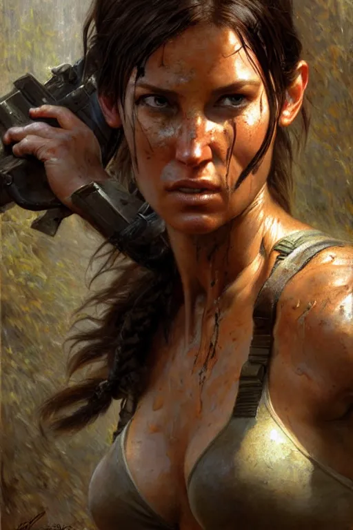 Image similar to focus muscular sweat lara croft, covers with mud exhausted face close up, highly detailed painting by gaston bussiere, craig mullins, j. c. leyendecker 8 k