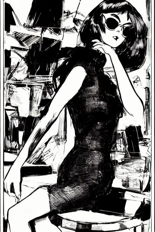 Prompt: portrait of young woman wearing black sunglasses, stunning dress, style of guido crepax