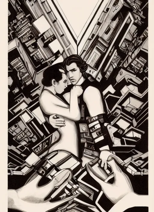 Image similar to reylo in the style of m. c. escher