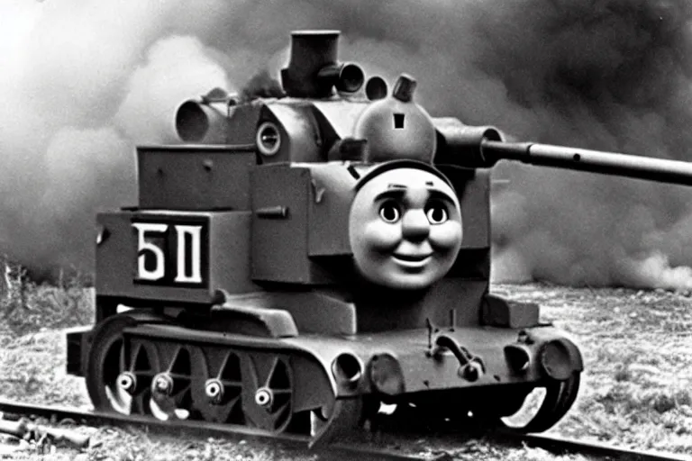 Prompt: WW2 era photograph, the face of Thomas the tank engine attached to a 800mm German super-heavy-mortar with a huge gun barrel shooting, there are german soldiers running around