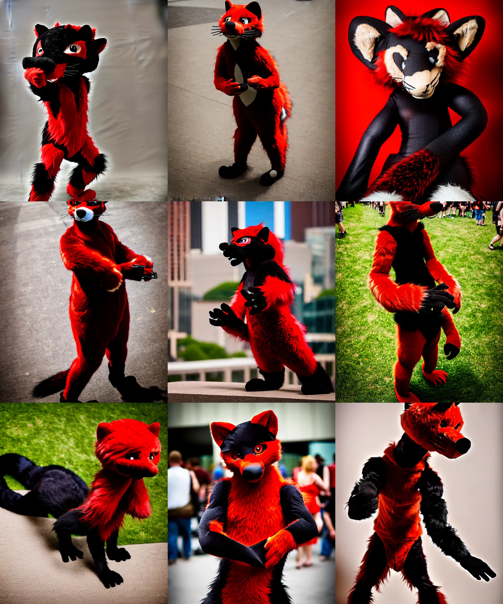 Image similar to fullbody photoshoot photo portrait of a roguish male red - black furred weasel furry fursuiter ( tail attached ), taken at anthrocon ( furry convention )