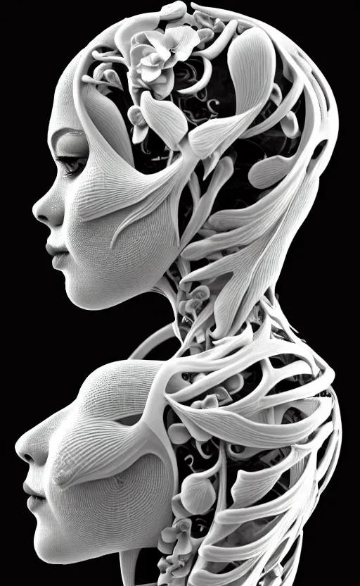 Image similar to a black and white 3D render of a beautiful profile face portrait of a female dragon-orchid-cyborg, 150 mm, flowers, Mandelbrot fractal, anatomical, flesh, facial muscles, wires, microchip, veins, arteries, full frame, microscopic, elegant, highly detailed, flesh ornate, elegant, high fashion, rim light, octane render in the style of H.R. Giger and Man Ray