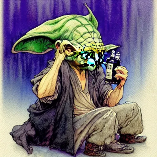 Image similar to a realistic and atmospheric watercolour fantasy character concept art portrait of a sleazy homeless chibi yoda wearing a wife beater drinking out of a broken bottle, by rebecca guay, michael kaluta, charles vess and jean moebius giraud