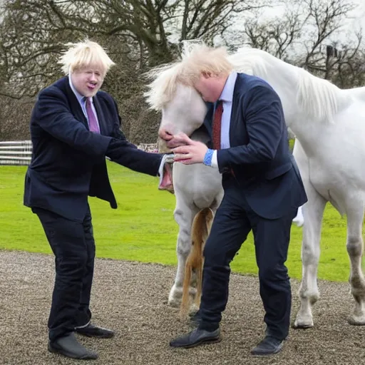 Prompt: Boris Johnson smacks a pony