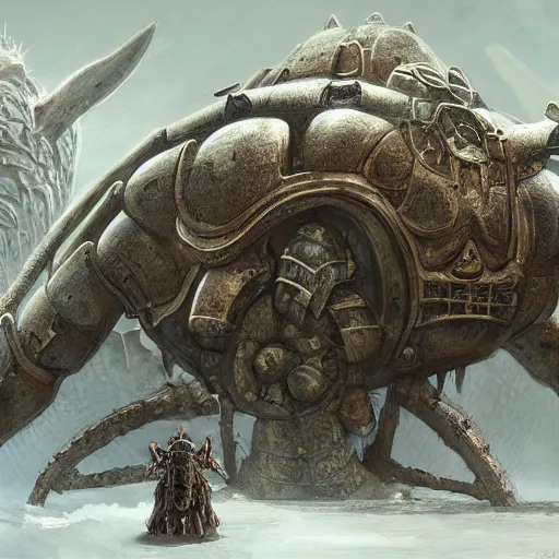 Prompt: giant armored ashigaru beetle war construct golem, glowing gnostic brian froud markings, magic and steam - punk inspired, in an ancient stone circle on a plateau in a blizzard, kanji markings, concept painting by jessica rossier, hr giger, john berkey