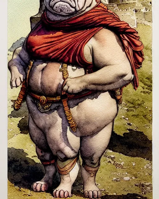 Image similar to a realistic and atmospheric watercolour fantasy character concept art portrait of a fat adorable chibi bulldog roman soldier in a roman temple, by rebecca guay, michael kaluta, charles vess and jean moebius giraud