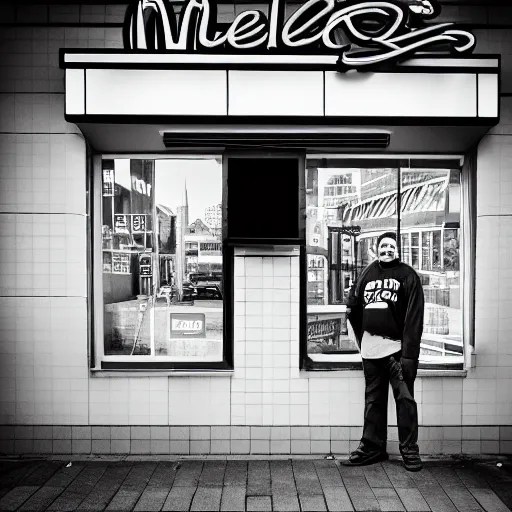 Image similar to wesley willis rock and roll mcdonalds, portrait, (Sony a7R IV, symmetric balance, polarizing filter, Photolab, Lightroom, 4K, Dolby Vision, Photography Award, black and white)