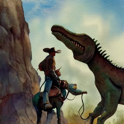 Image similar to a watercolor painting of a cowboy riding a dinosaur in the style of n. c. wyeth and in the style of james gurney.