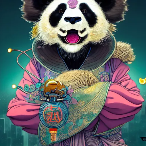 Image similar to a beautiful hyperdetailed character design 4 k wallpaper illustration of a cute panda with a chinese lion dance head victo ngai cyberpunk style, from china, style of studio ghibli, makoto shinkai, raphael lacoste, louis comfort tiffany, artgerm, james jean, ross tran, chinese style