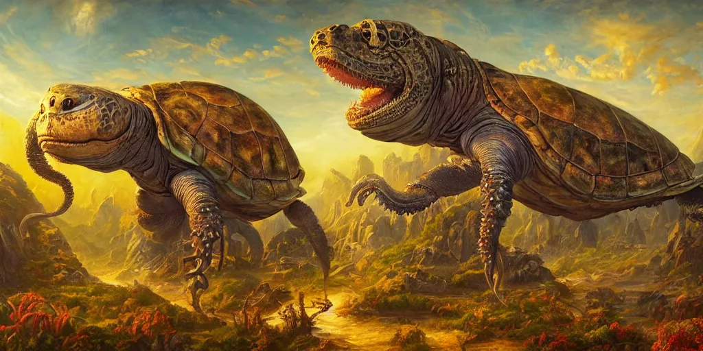 Image similar to fantasy oil painting, great leviathan, cybernetic turtle cephalopod terrapin reptilian pachyderm squid, bella hadid, hybrid, milla jovovich, anubis, epic natural light, lush plants flowers, spectacular mountains, bright clouds, luminous sky, outer worlds, golden hour, michael cheval, edward hopper, michael whelan, vray, hd