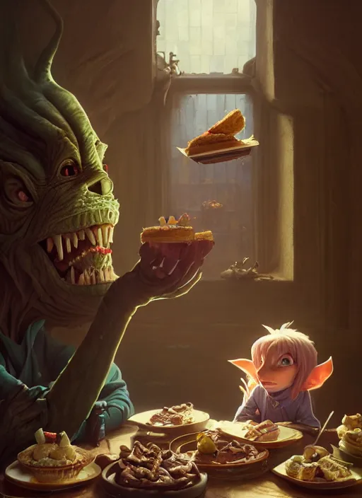 Image similar to highly detailed portrait of a medieval goblin eating cakes, stephen bliss, unreal engine, greg rutkowski, loish, rhads, beeple, makoto shinkai and lois van baarle, ilya kuvshinov, rossdraws, tom bagshaw, tom whalen, alphonse mucha, global illumination, god rays, detailed and intricate environment