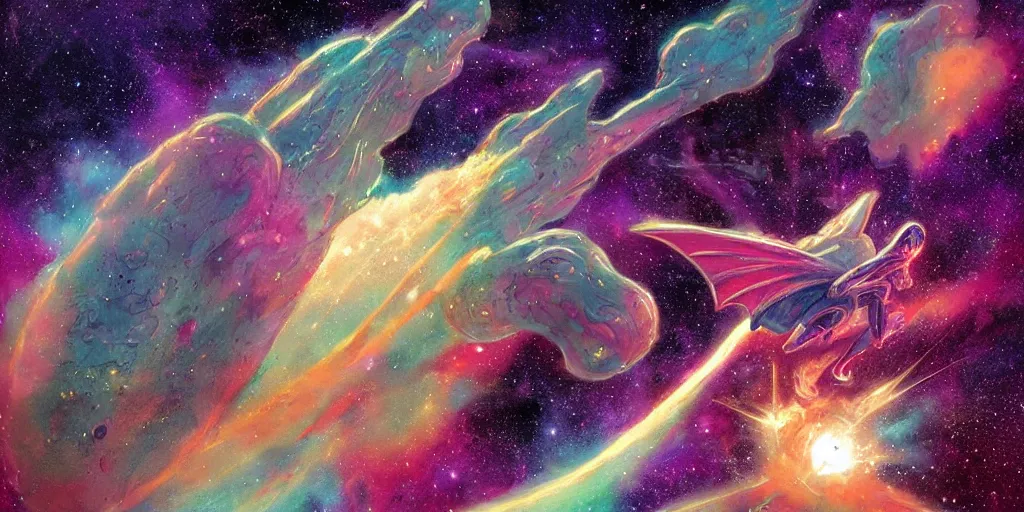 Image similar to an alien dragon flying in outer space, epic nebula, style of Moebius