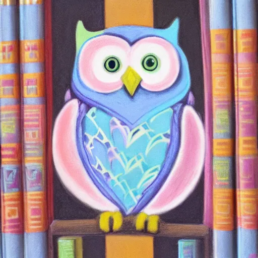 Image similar to a cute pastel owl holding a stack of books, realistic portrait