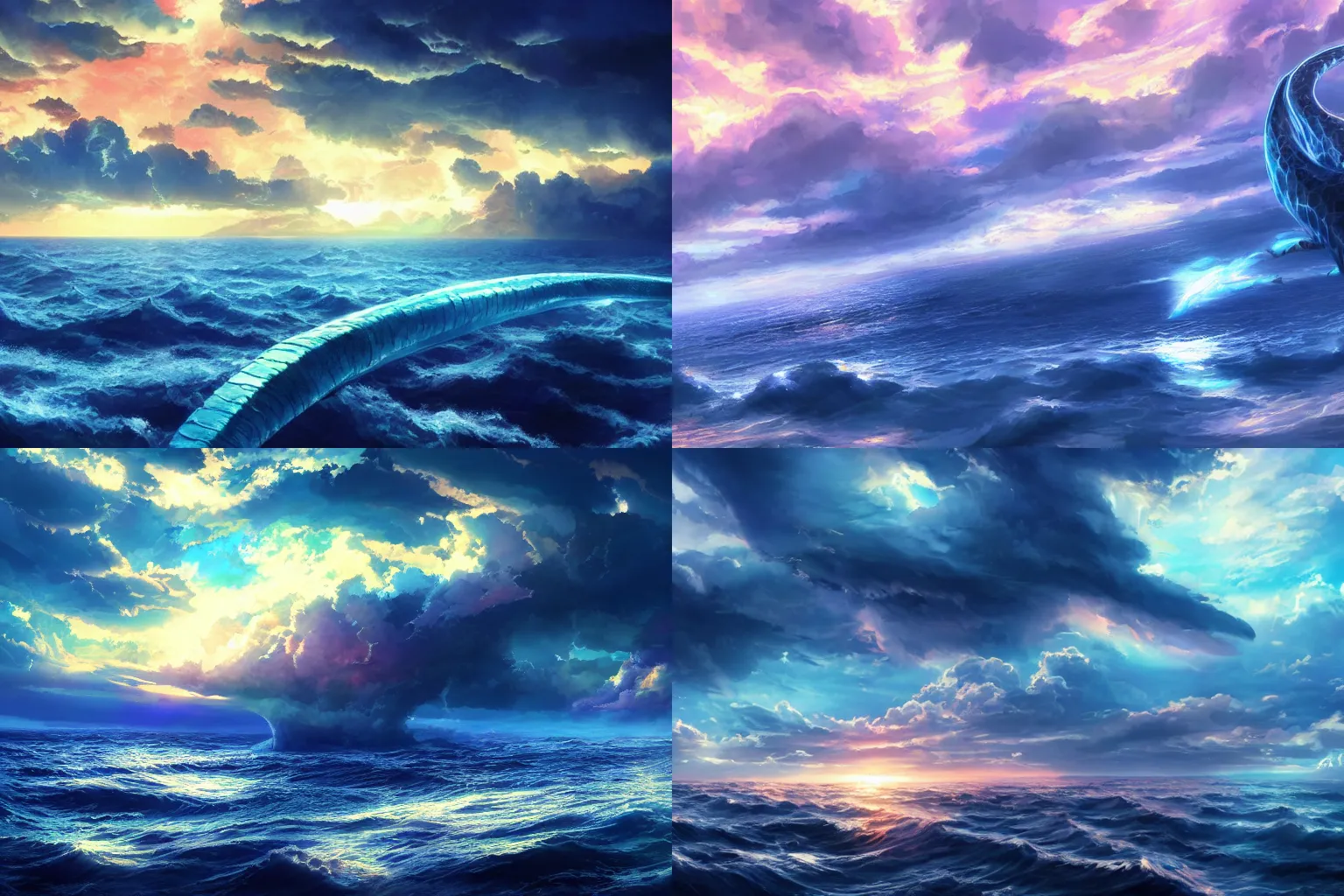 Prompt: sea serpent, stormy sky, sunset, with blue light piercing through clouds, makoto shinkai, royal blue colors, lighting refraction, volumetric lighting, pixiv art, highly detailed, anime art, symmetrical, wlop, anime art