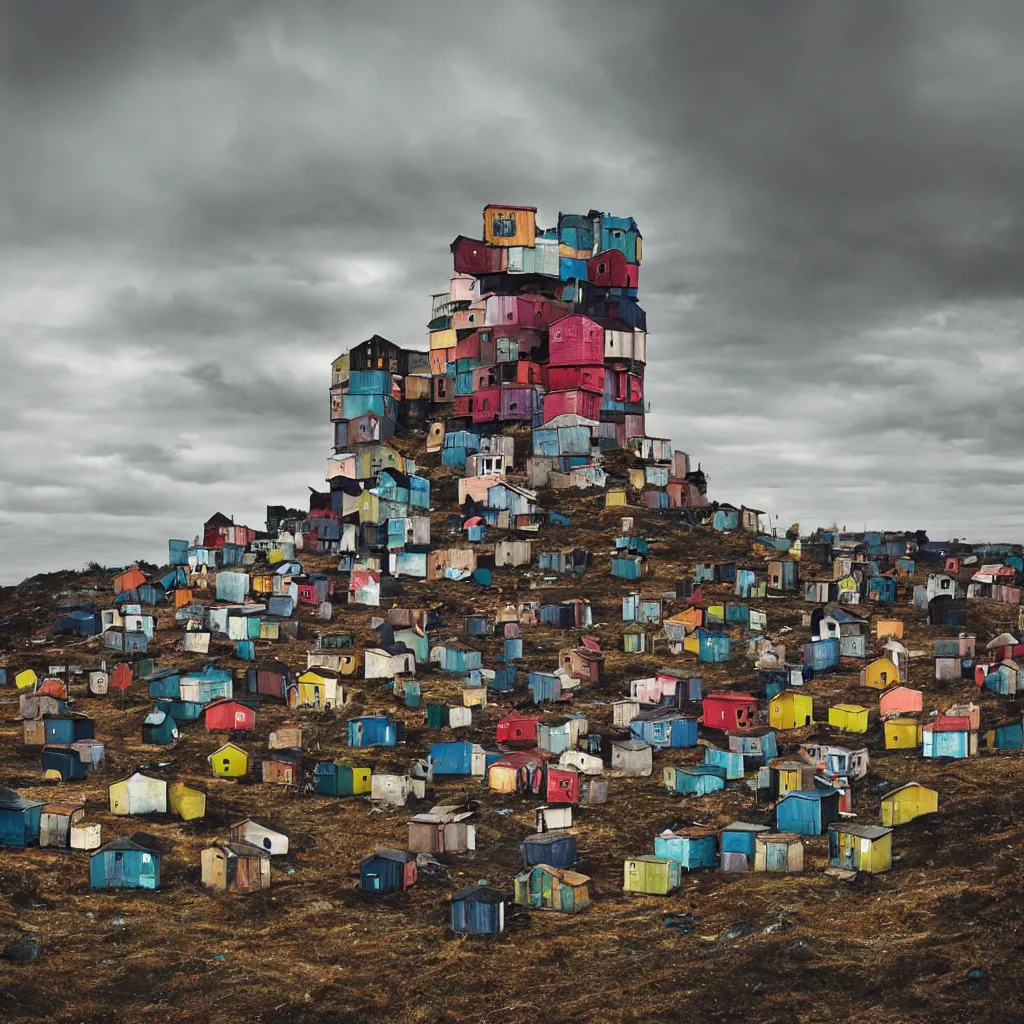 Prompt: towers made up of colourful makeshift squatter shacks, bleached colours, moody cloudy sky, dystopia, mamiya, very detailed, photographed by cristina de middel