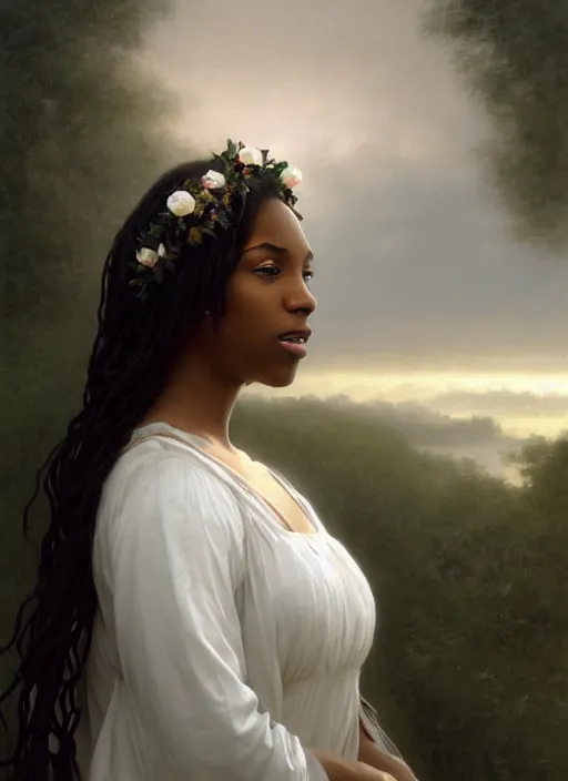 Prompt: oil painting close up portrait of a contemplative young black celtic woman with long dark flowing hair in a white dress, wearing a crown of white roses!! at sunset, hazy, digital art, chiaroscuro, artstation, cinematic, golden hour, digital art painting by greg rutkowski, william - adolphe bouguereau, hazy atmosphere, cinematic lighting