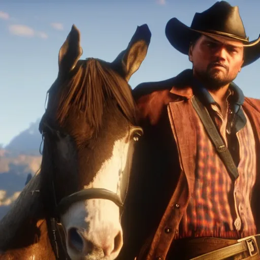 Image similar to leonardo dicaprio plays arthur morgan in the playstation 4 video game red dead redemption 2, video game screenshot