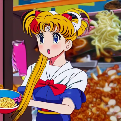 Image similar to Sailor Moon eating ramen that is way too spicy, anime style, highly detailed, 4k