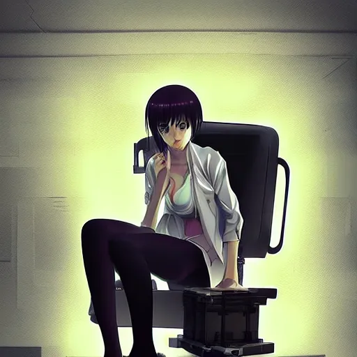 Prompt: advanced anime digital art, cyberpunk girl sitting in a box , visual key, Makoto Shikai