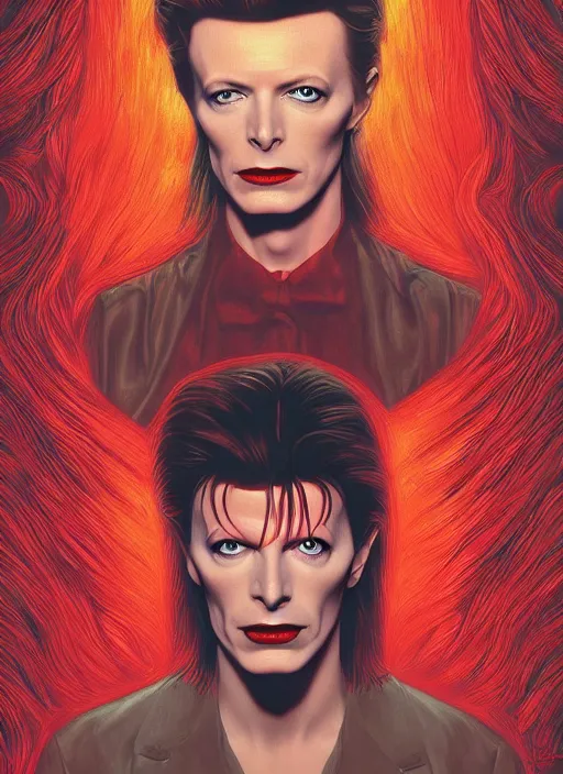 Image similar to twin peaks poster art, portrait of david bowie lost in the labyrinth of the red room, other dimension, this is his fate for the next two years, by michael whelan, rossetti bouguereau, artgerm, retro, nostalgic, old fashioned