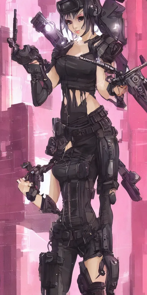Image similar to fullbody portrait of a beautiful girl dressed in cyberpunk style, standing on street, holding a sniper rifle. by riot games, anime style, masterpiece, award - winning, trending on artstation and pixiv