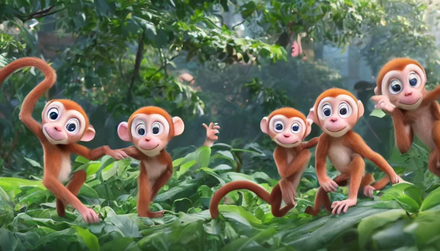 Image similar to very very very cute baby monkeys by Max Kostenko and Bobby Chiu, disney, pixar, MPC, Framestore, character design for animation, uplight, a lineup of characters, big disney eyes, symmetrical eyes, cuteness, 3d render, octane rendered, rendered by maya and houdini, highly detailed, unreal engine, Trending on Artstation, octane render, 4k, 8k, HD