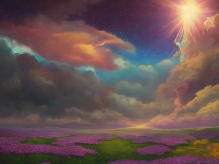 Image similar to a fine fantastic realist comic book style painting of a glorious place where the heavens open to the great cosmos, where flowers are launched into the unknown 8 k, ultra realistic, lens flare, atmosphere, glow, detailed, intricate, full of colour, cinematic lighting, trending on artstation, 4 k, hyperrealistic, focused, extreme details, unreal engine 5, cinematic, masterpiece