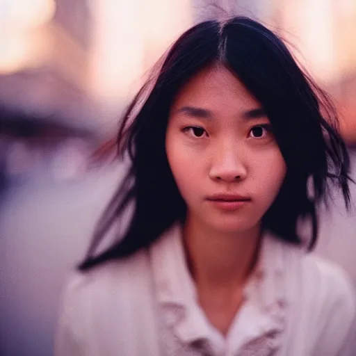 Image similar to a close-up of a gorgeous woman’s face looking at the camera with a mix of desperation and awe, soft blurred city background, captured in low light and sharp focus, cinestill 800t