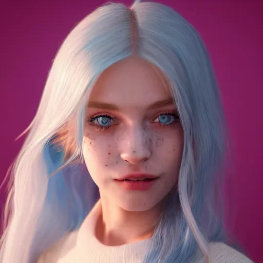 Prompt: Render of Lily, a cute 3d young woman, long white hair, full round face, light blue eyes, bisque skin tone, cute freckles, light red blush, smiling softly,wearing casual clothing, interior lighting, cozy living room background, medium shot, mid-shot, hyperdetailed, trending on Artstation, Unreal Engine 4k