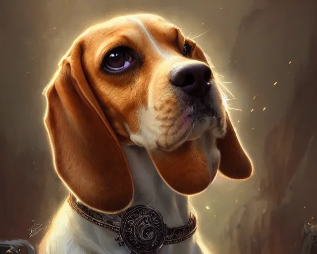 Image similar to photography of a beagle, deep focus, d & d, fantasy, intricate, elegant, highly detailed, digital painting, artstation, concept art, matte, sharp focus, illustration, hearthstone, art by artgerm and greg rutkowski and alphonse mucha