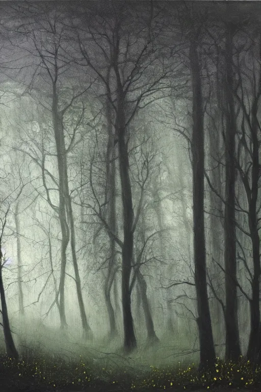 Image similar to dark and spooky painting of a forest dimly lit at night with tiny purple morning glory flowers trailing at the base of trees. foggy cinematic volumetric darkness, muted colour palette, detailed oil painting on canvas robert hughes, john everett millais