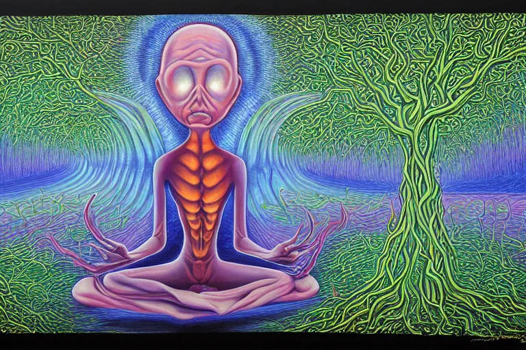 Image similar to painting of a terrified alien meditating under a tree by alex grey, acrylic art, dreadful, soothing, somber, elegant, soft light,