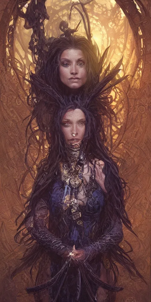 Image similar to ultra realistic illustration of cj miles as a cyber shamanic witch casting am elderit h spell, intricate, elegant, highly detailed, digital painting, artstation, concept art, smooth, sharp focus, illustration, art by artgerm and greg rutkowski and alphonse mucha