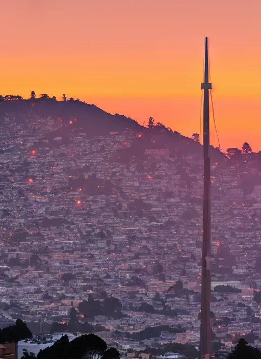 Image similar to sutro tower in san francisco, sunset, radio antenna, twin peaks, photorealistic, 8 k