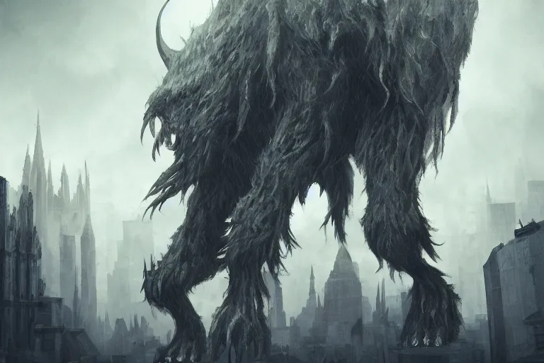 Prompt: A giant creature standing above a gothic city, digital painting, soft lighting, moody, high detail