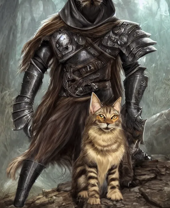 Image similar to humanoid male khajiit rogue with a scar on left eye, wearing leather armor with a hood, mainecoon cat features with black fur, far - mid shot, magic the gathering, fantasy