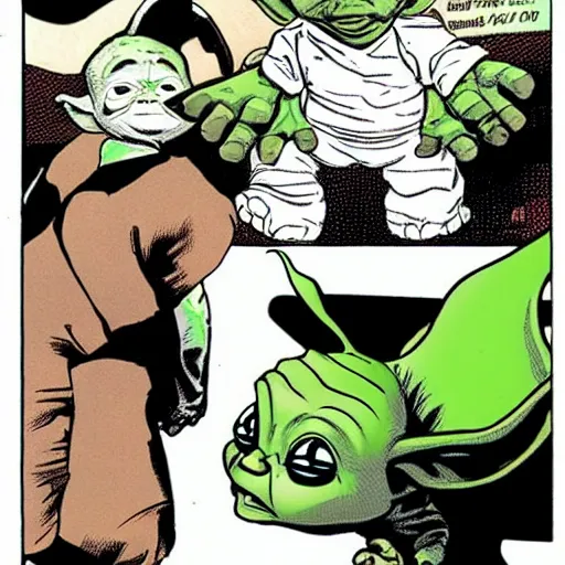 Image similar to baby yoda reading a Cyberfrog comicbook