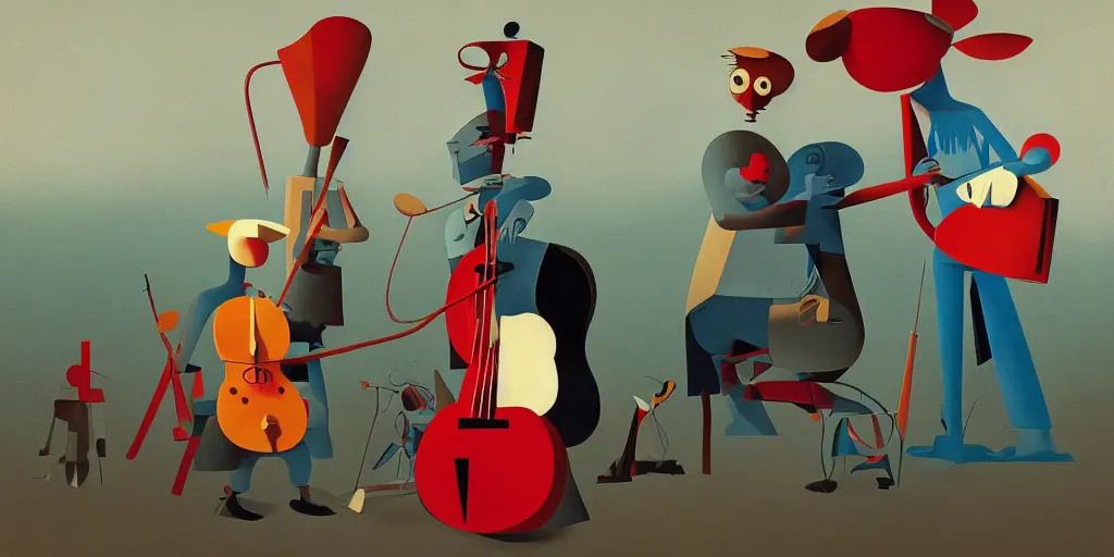 Prompt: three musicians by picasso and goro fujita and simon stalenhag and wes anderson and alex andreev and chiho aoshima and beeple and banksy and kandinsky and magritte and basquiat, 8 k, trending on artstation, hyper detailed, cinematic