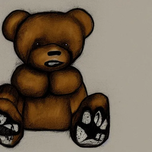 Image similar to grunge drawing of a teddy bear in the style of the grudge