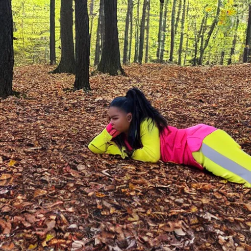Prompt: young female wearing a yellow velor sweat suit lying dead on the ground in a forest covered by dark colored leaves and twigs