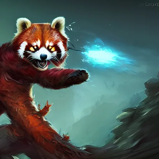 Image similar to red panda as diablo 3 character, digital illustration portrait design, by android jones and greg rutkowski, retrowave color scheme, detailed, cinematic lighting, wide angle action dynamic portrait